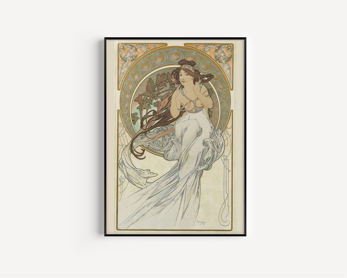The Arts: Music by Alphonse Mucha — in a slim black frame on a plain white wall