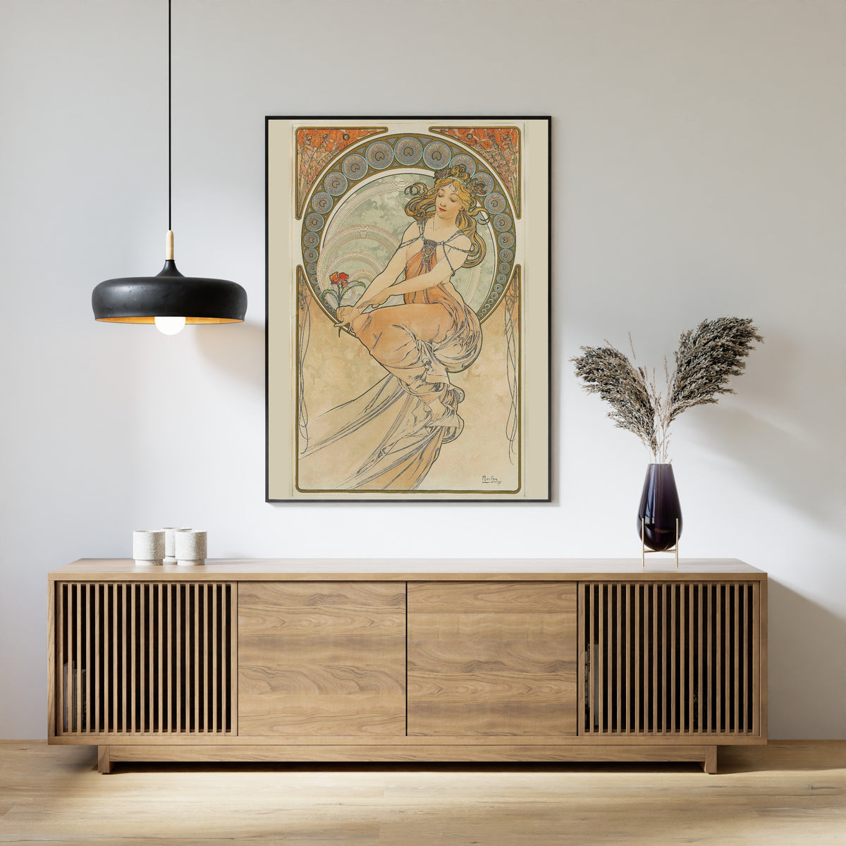 The Arts: Painting by Alphonse Mucha — framed above a slatted wood sideboard