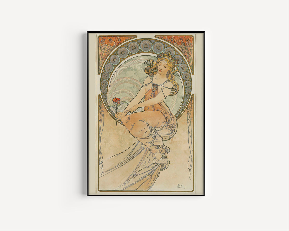 The Arts: Painting by Alphonse Mucha — in a slim black frame on a plain white wall