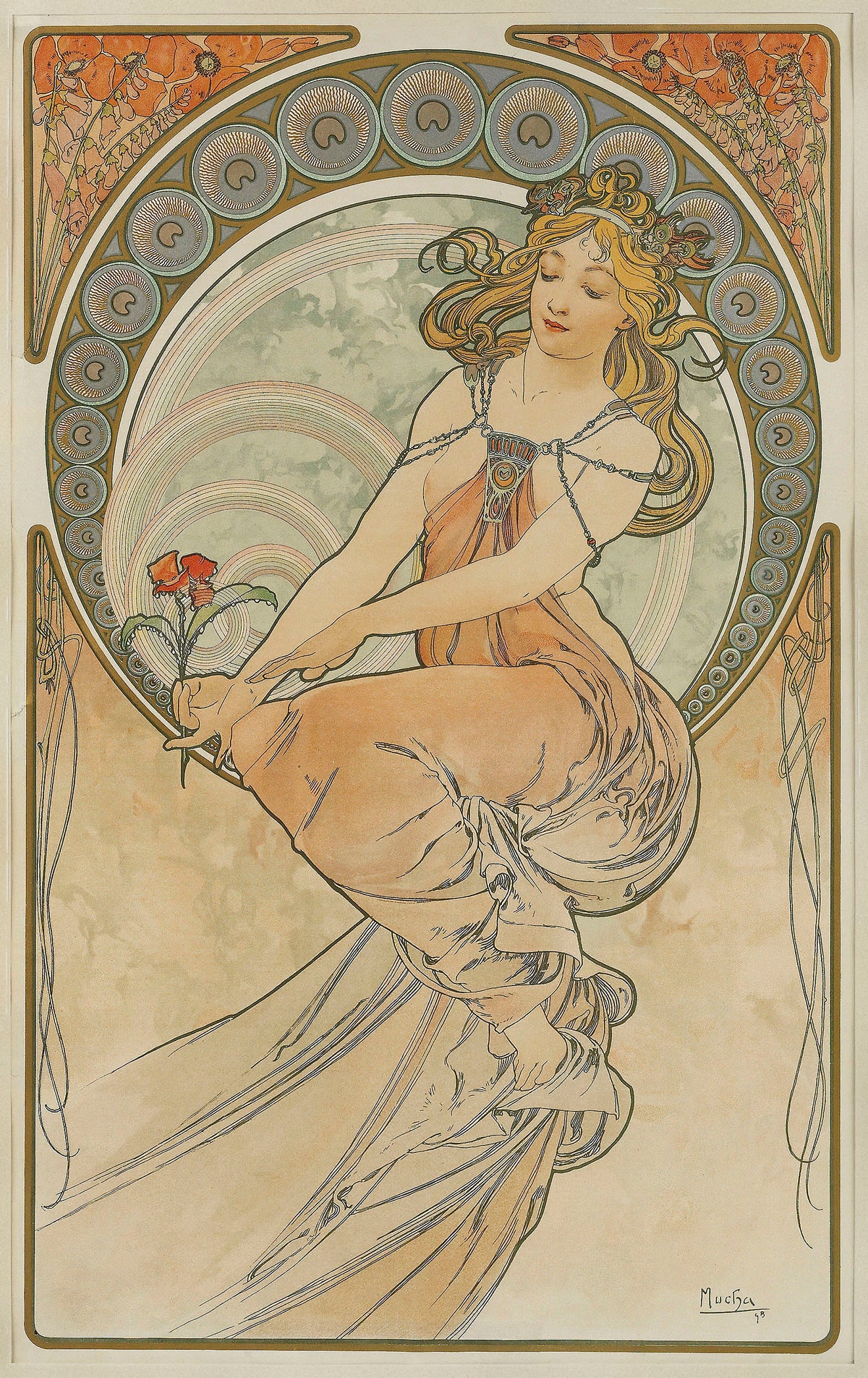 The Arts: Painting by Alphonse Mucha — A seated woman holds red poppies before rings of soft colour