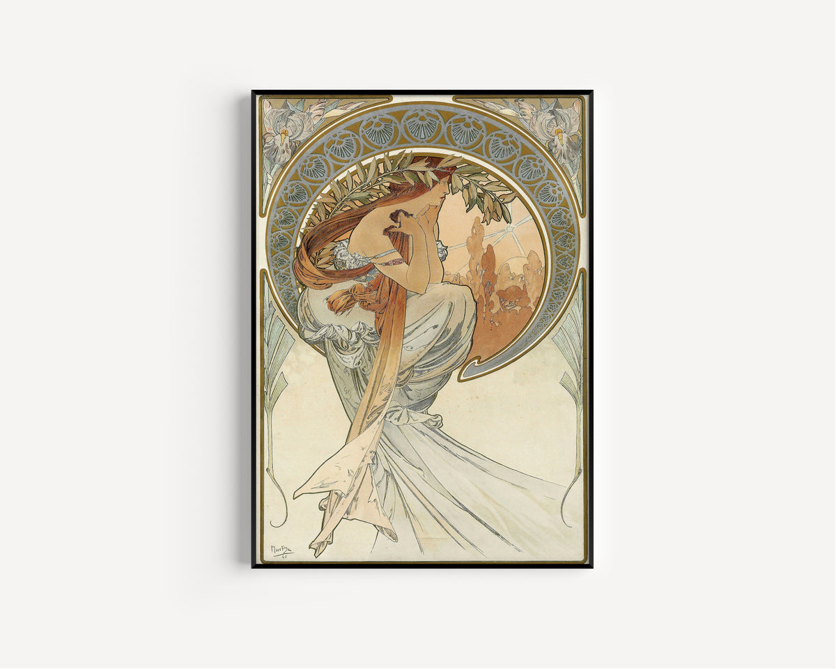 Framed art print of The Arts: Poetry by Alphonse Mucha, in a slim black frame on a plain white wall