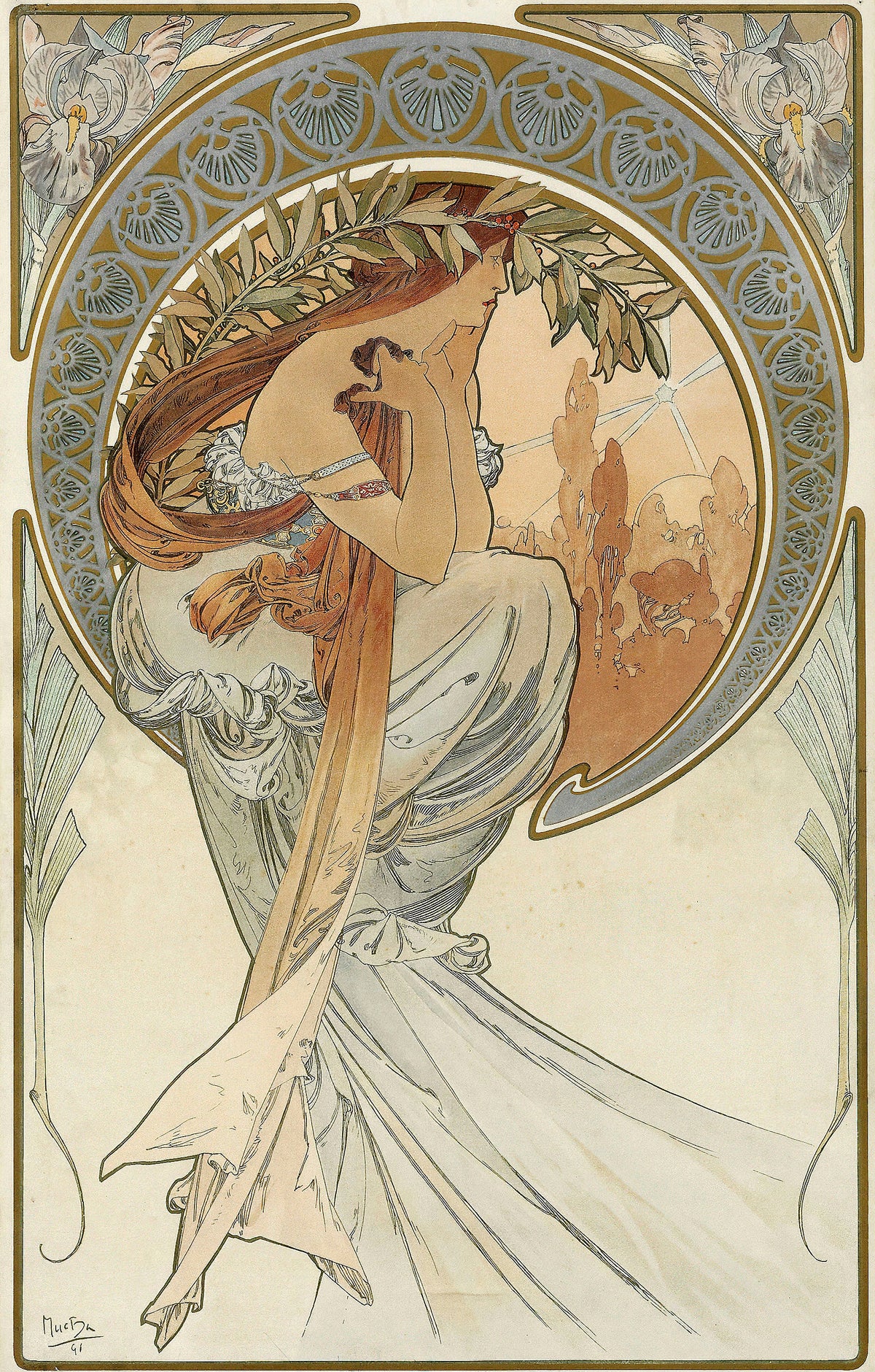 The Arts: Poetry by Alphonse Mucha — Poetry, chin on hand, under a laurel crown and a rayed star