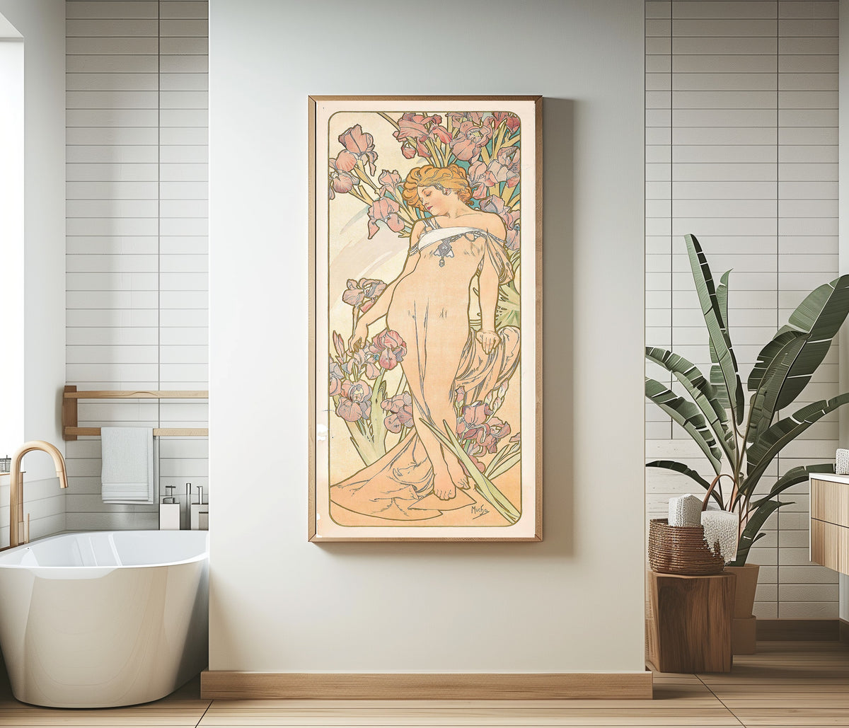 The Iris by Alphonse Mucha — framed in a bathroom beside a freestanding tub