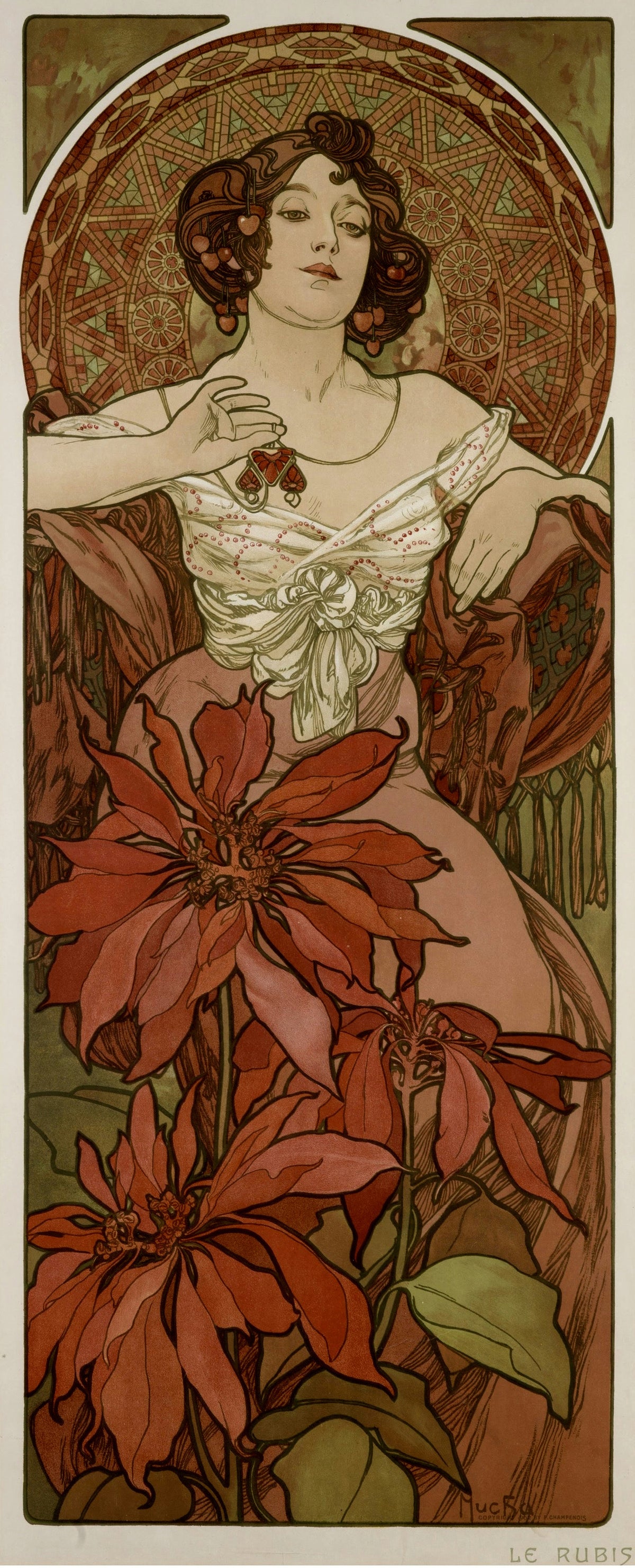 The Ruby by Alphonse Mucha — A dark-haired woman fingers a ruby pendant behind tall red blooms