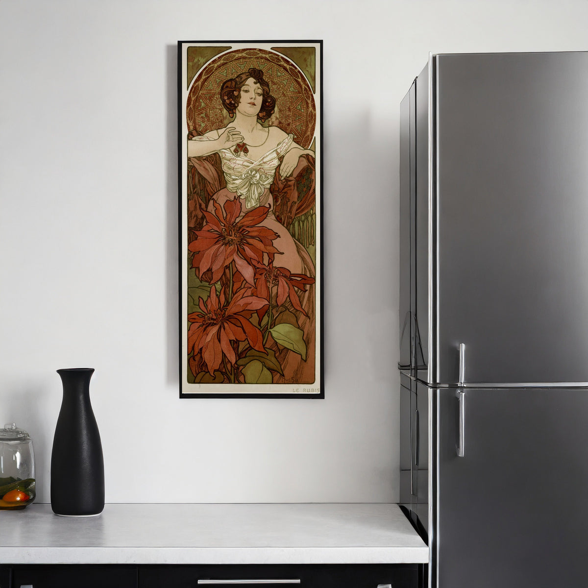 Framed art print of The Ruby by Alphonse Mucha, on a kitchen wall