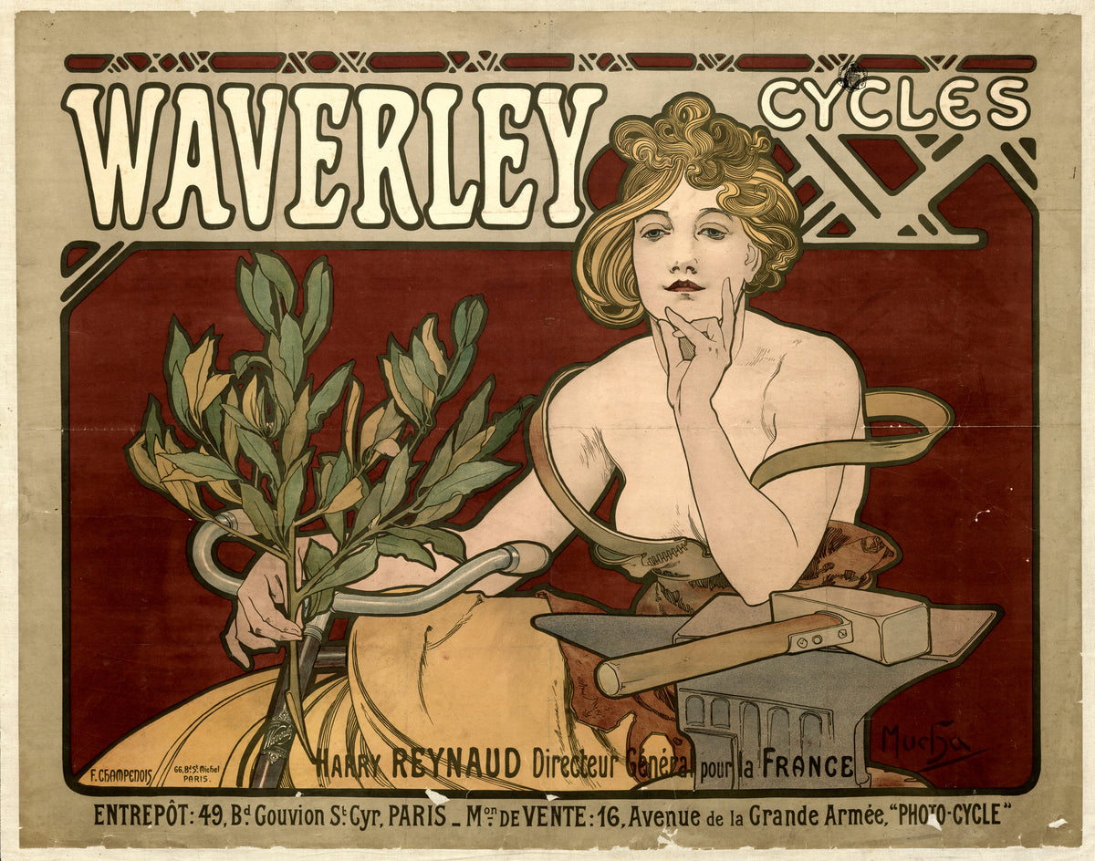 Waverley Cycles by Alphonse Mucha — A woman holds laurel to bicycle handlebars beside an anvil and hammer