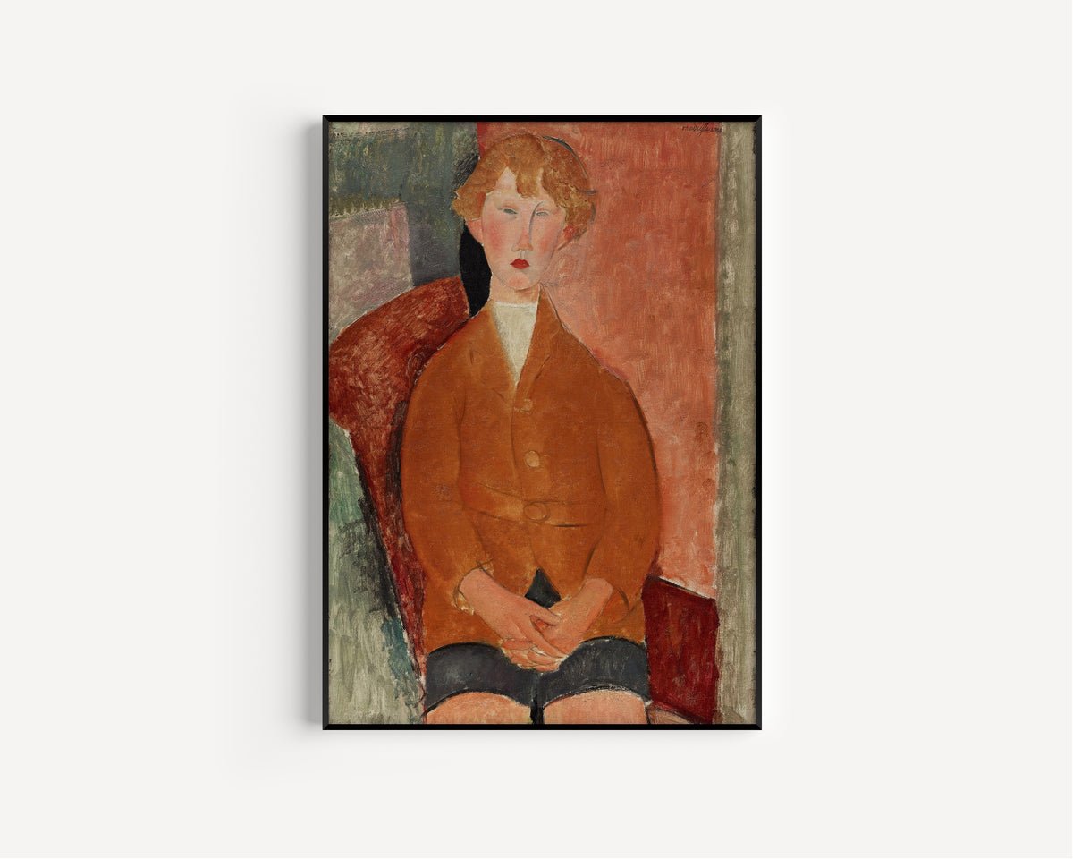 Boy in Short Pants by Amedeo Modigliani — in a slim black frame on a plain white wall