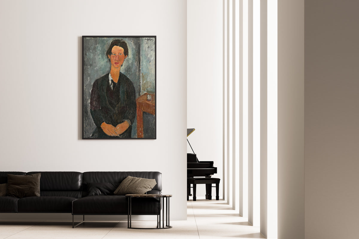 Chaim Soutine by Amedeo Modigliani — framed on the wall of a minimal living room