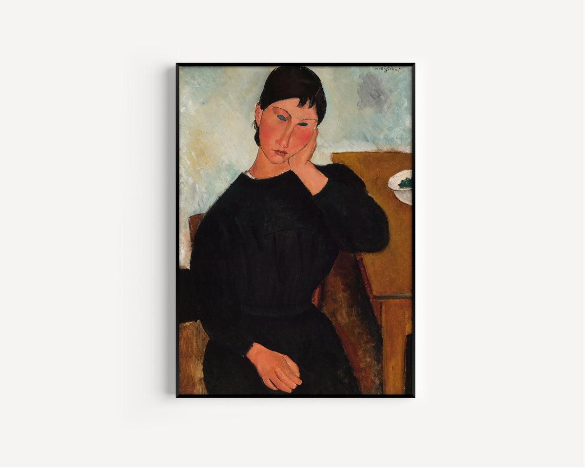 Elvira Resting at a Table by Amedeo Modigliani — in a slim black frame on a plain white wall