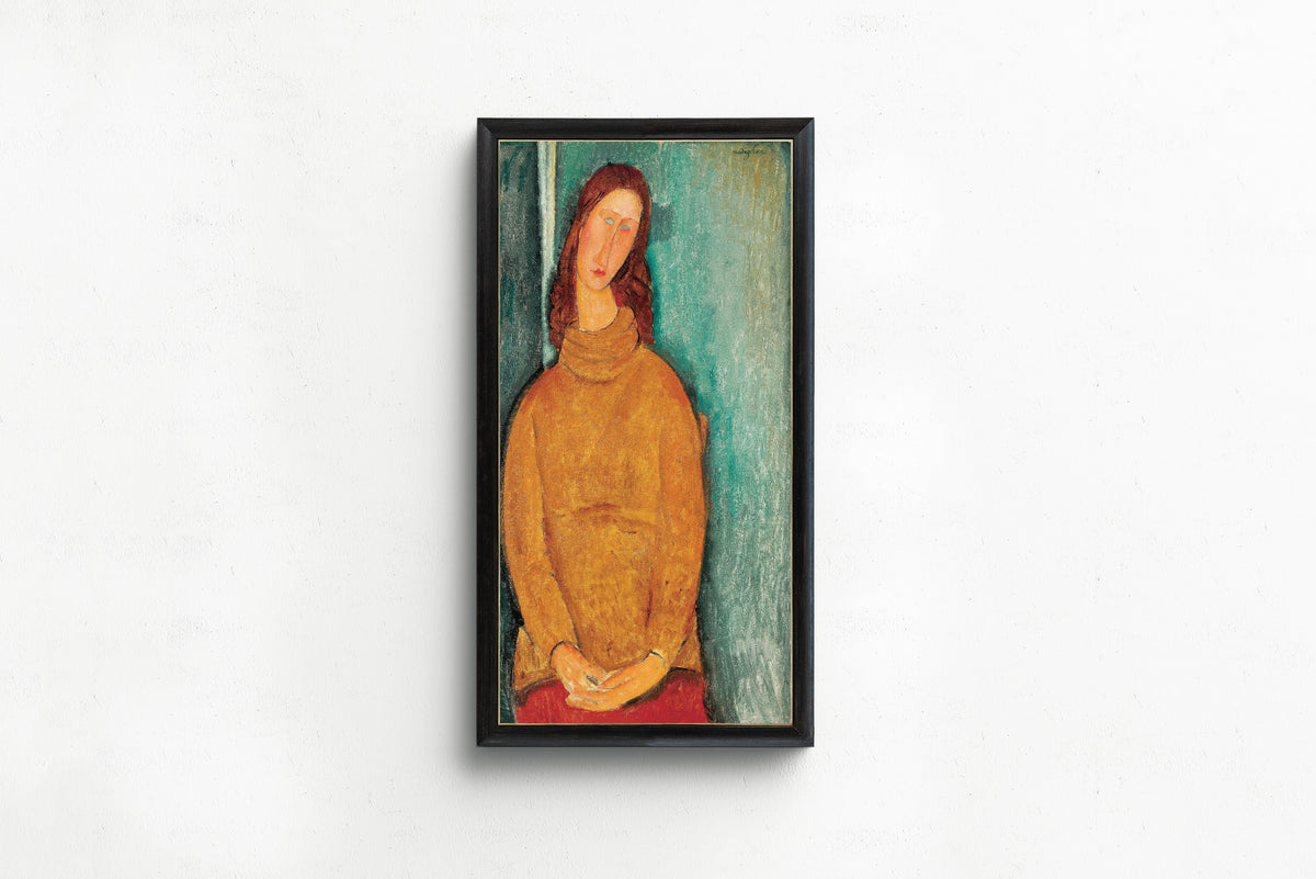 Jeanne Hébuterne by Amedeo Modigliani — in a slim black frame on a plain white wall