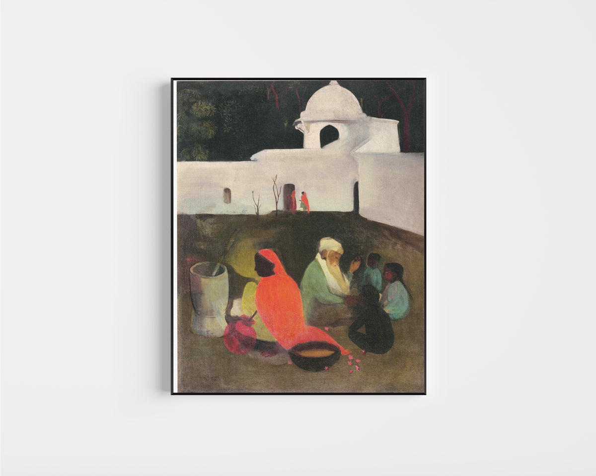 Framed art print of Ancient Story Teller (1940) by Amrita Sher-Gil, in a slim black frame on a plain white wall