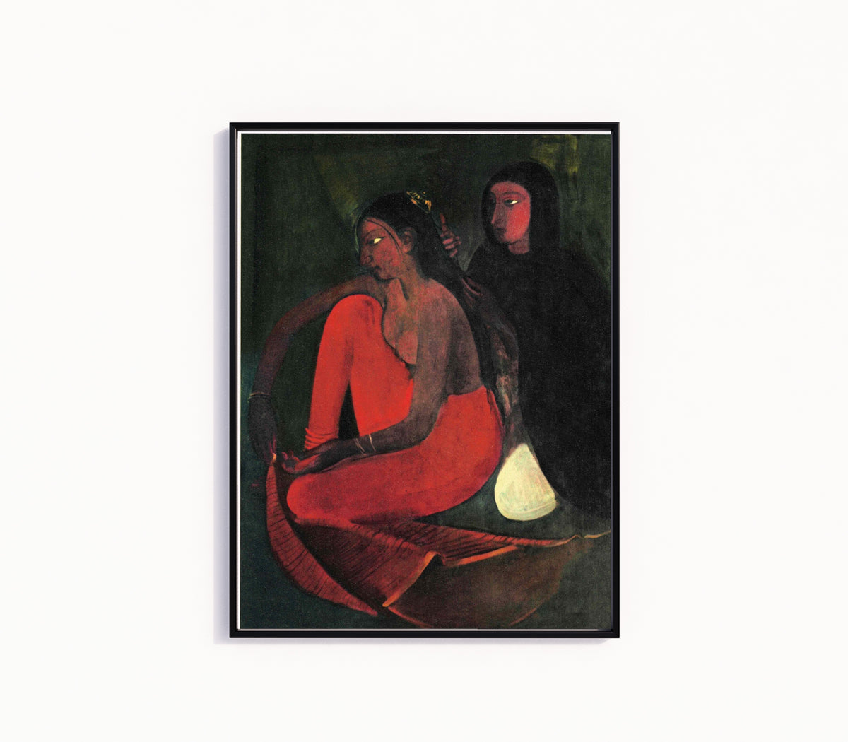 Framed art print of Dressing the Bride (1937) by Amrita Sher-Gil, in a slim black frame on a plain white wall