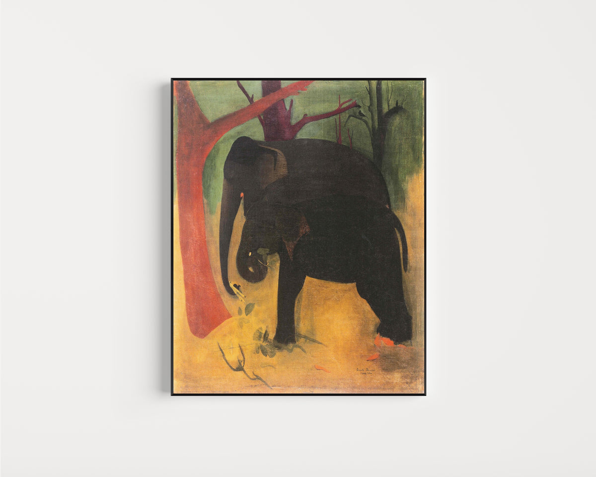Framed art print of Elephants (1940) by Amrita Sher-Gil, in a slim black frame on a plain white wall