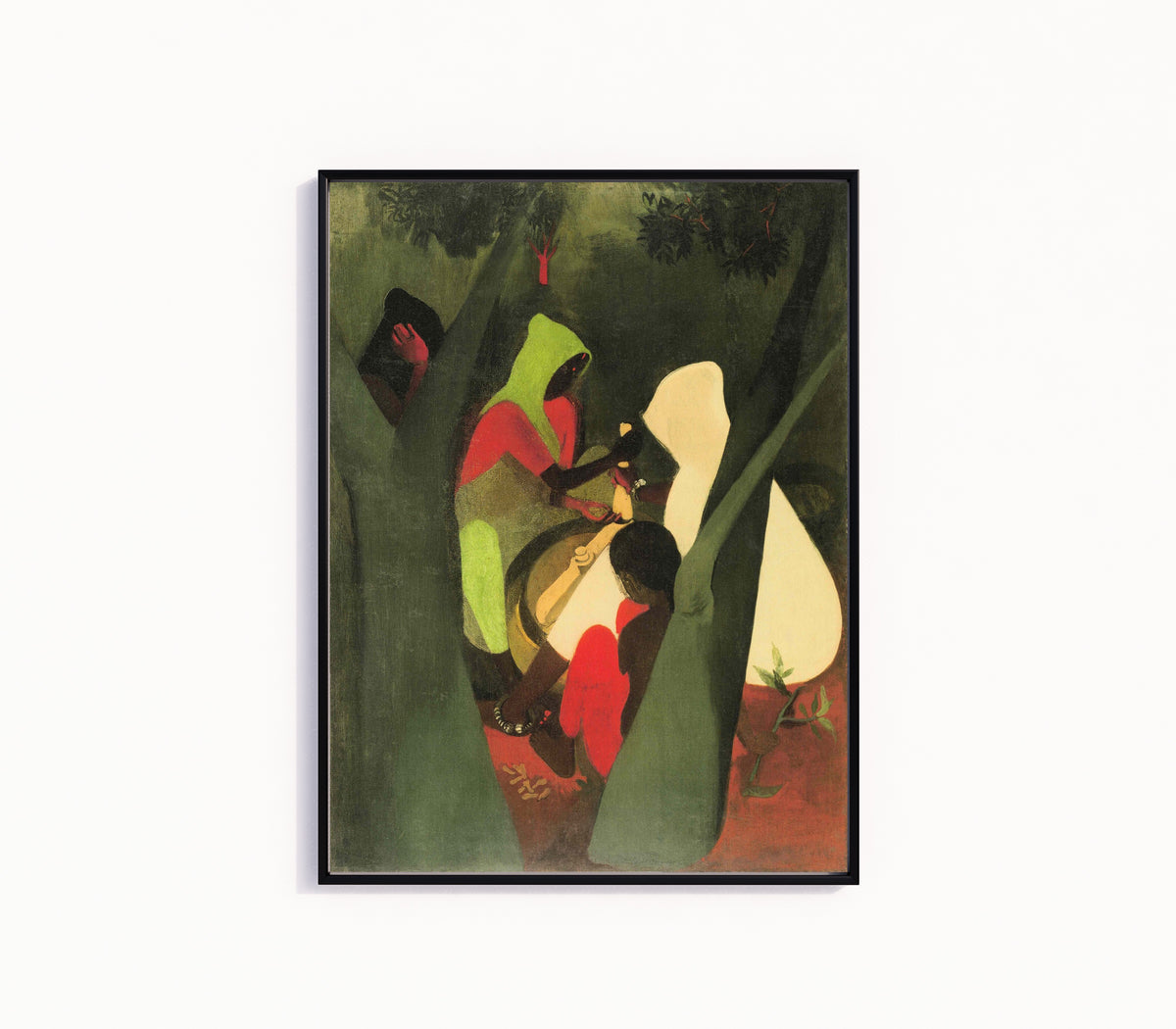 Framed art print of Haldi Grinders (1940) by Amrita Sher-Gil, in a slim black frame on a plain white wall