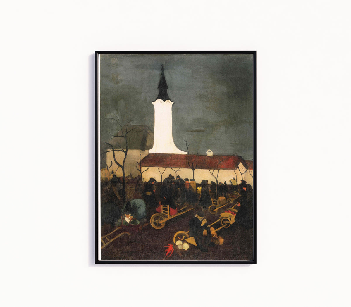 Framed art print of Hungarian Village Market (1938) by Amrita Sher-Gil, in a slim black frame on a plain white wall
