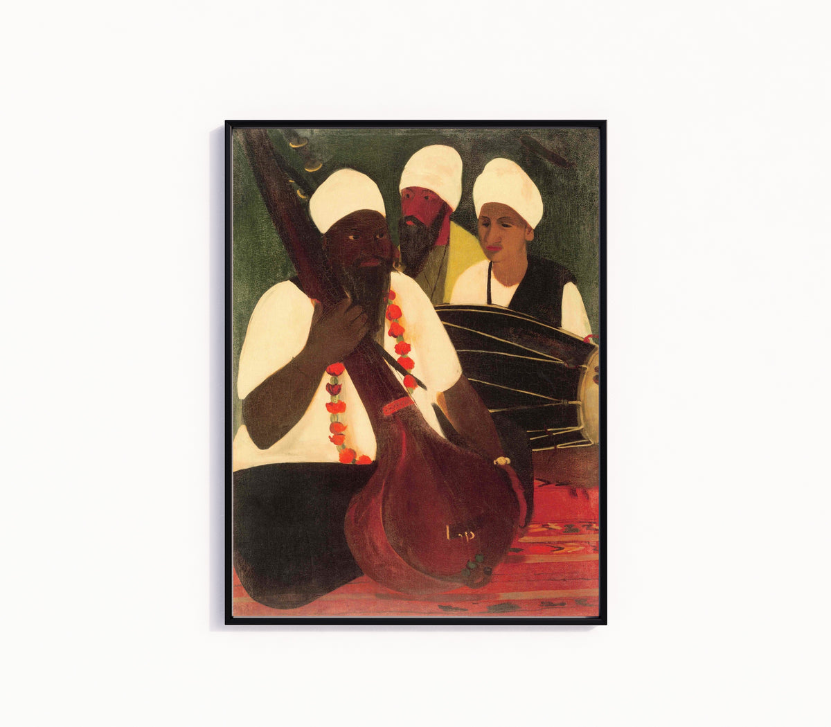 Framed art print of Musicians (1940) by Amrita Sher-Gil, in a slim black frame on a plain white wall