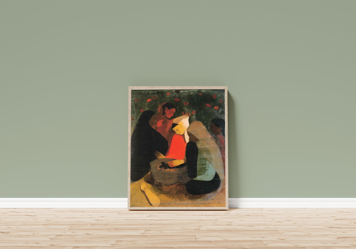 Framed art print of Resting (1939) by Amrita Sher-Gil, in a light wood frame leaning on a sage green wall above a wooden floor