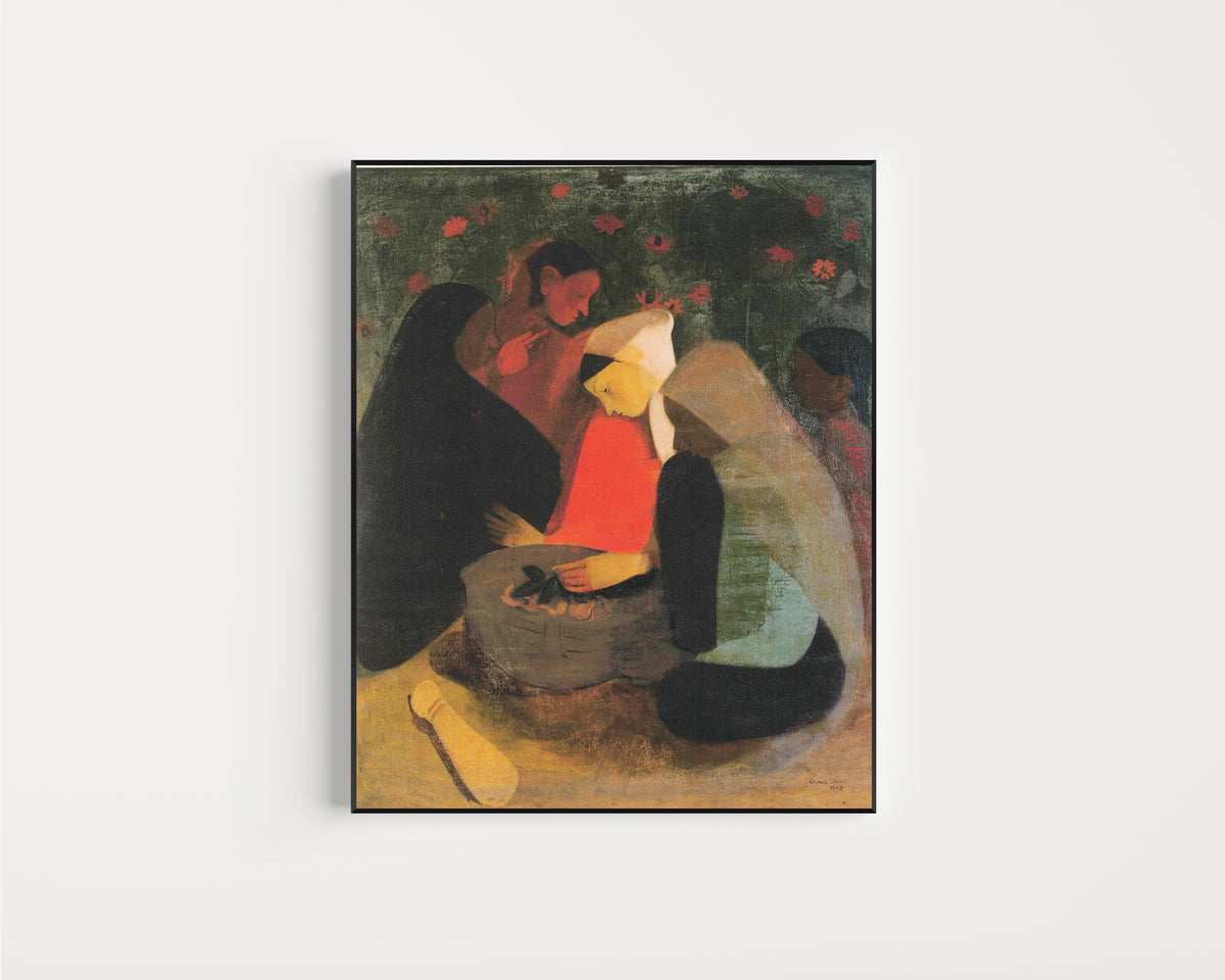 Framed art print of Resting (1939) by Amrita Sher-Gil, in a slim black frame on a plain white wall