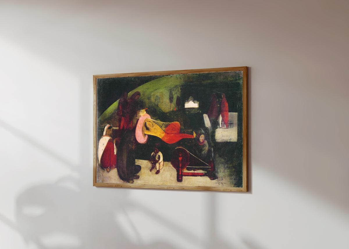 Framed art print of Siesta (1937) by Amrita Sher-Gil, in a light wood frame on a sunlit white wall, seen at a slight angle