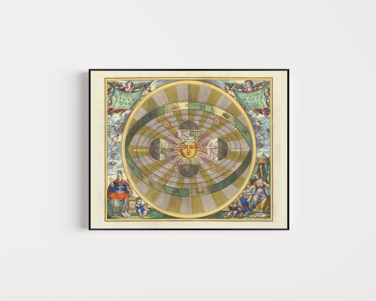 Framed art print of A Scenographic View of the Copernican System (Plate 5, Olive Colouring) by Andreas Cellarius, in a slim black frame on a plain white wall