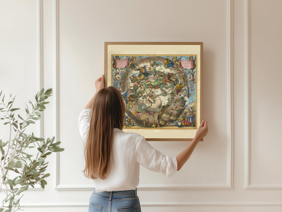 Andreas Cellarius — A Scenographic View of the Southern Heaven and Earth (Plate 28, Tan Colouring) | Celestial Map Print - 9ArtPrints