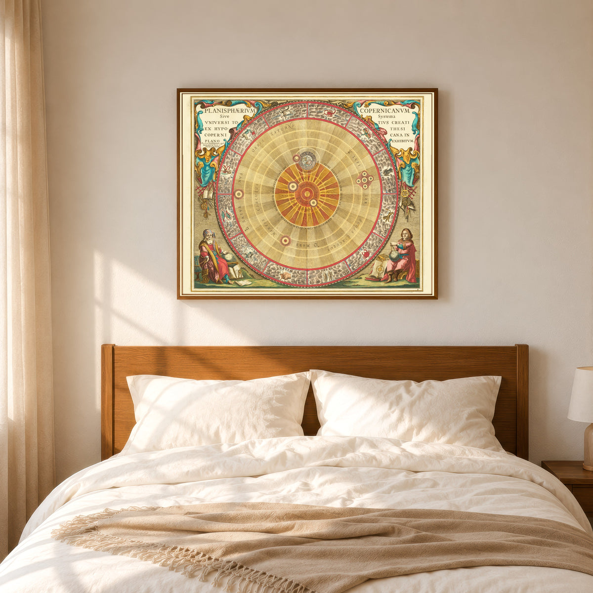 Framed art print of The Copernican Planisphere (Plate 4, Teal Colouring) by Andreas Cellarius, in a slim wood frame above a bed in a sunlit bedroom