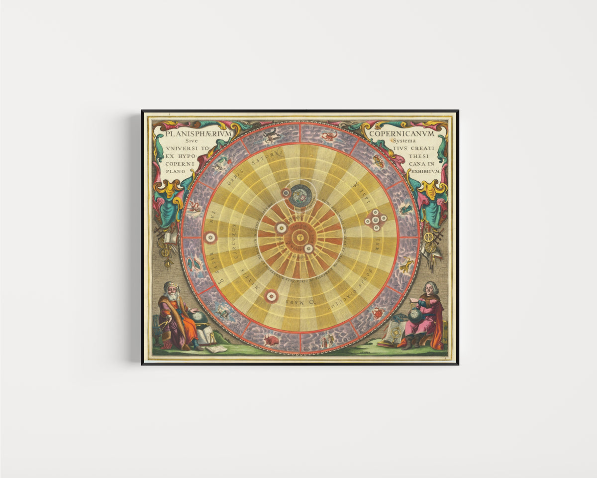 Framed art print of The Copernican Planisphere (Plate 4, Violet Colouring) by Andreas Cellarius, in a slim black frame on a plain white wall