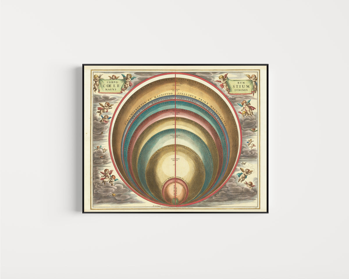Framed art print of The Magnitudes of the Celestial Bodies (Plate 10, Gold Colouring) by Andreas Cellarius, in a slim black frame on a plain white wall