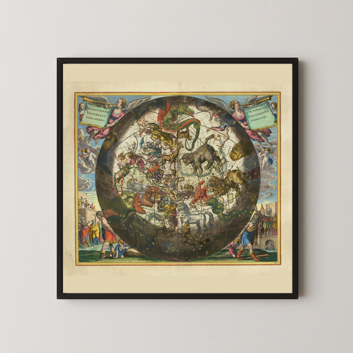 Andreas Cellarius — The Northern Starry Hemisphere over the Earth (Plate 26, Olive Colouring) | Celestial Map Print - 9ArtPrints