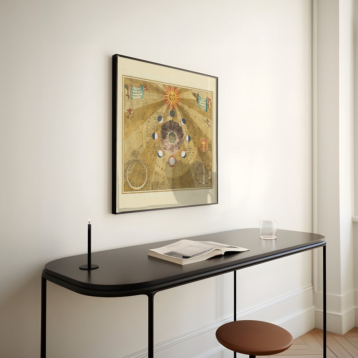 Andreas Cellarius — The Phases and Aspects of the Moon (Plate 19, Gold Colouring) | Celestial Map Print - 9ArtPrints