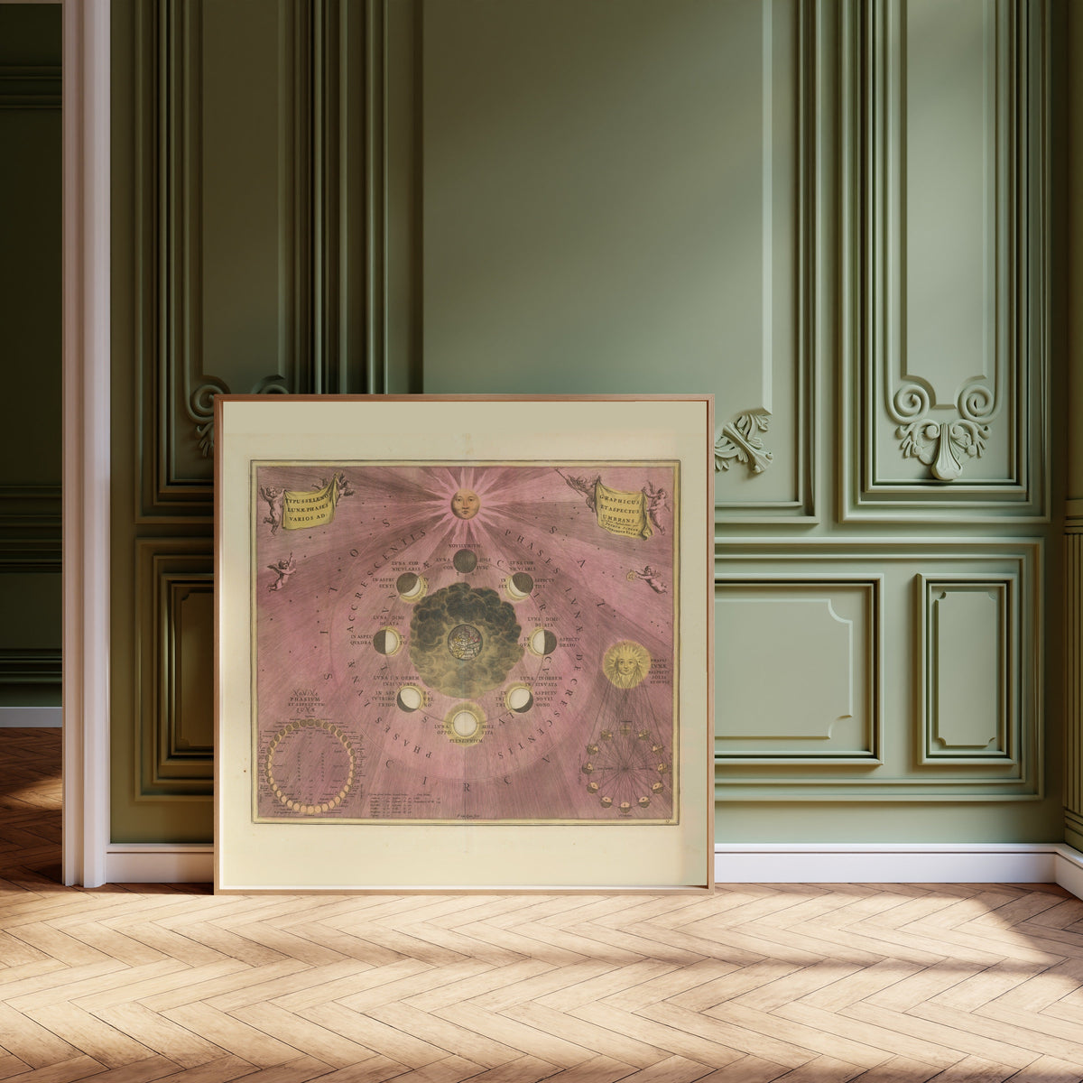 Andreas Cellarius — The Phases and Aspects of the Moon (Plate 19, Rose Colouring) | Celestial Map Print - 9ArtPrints