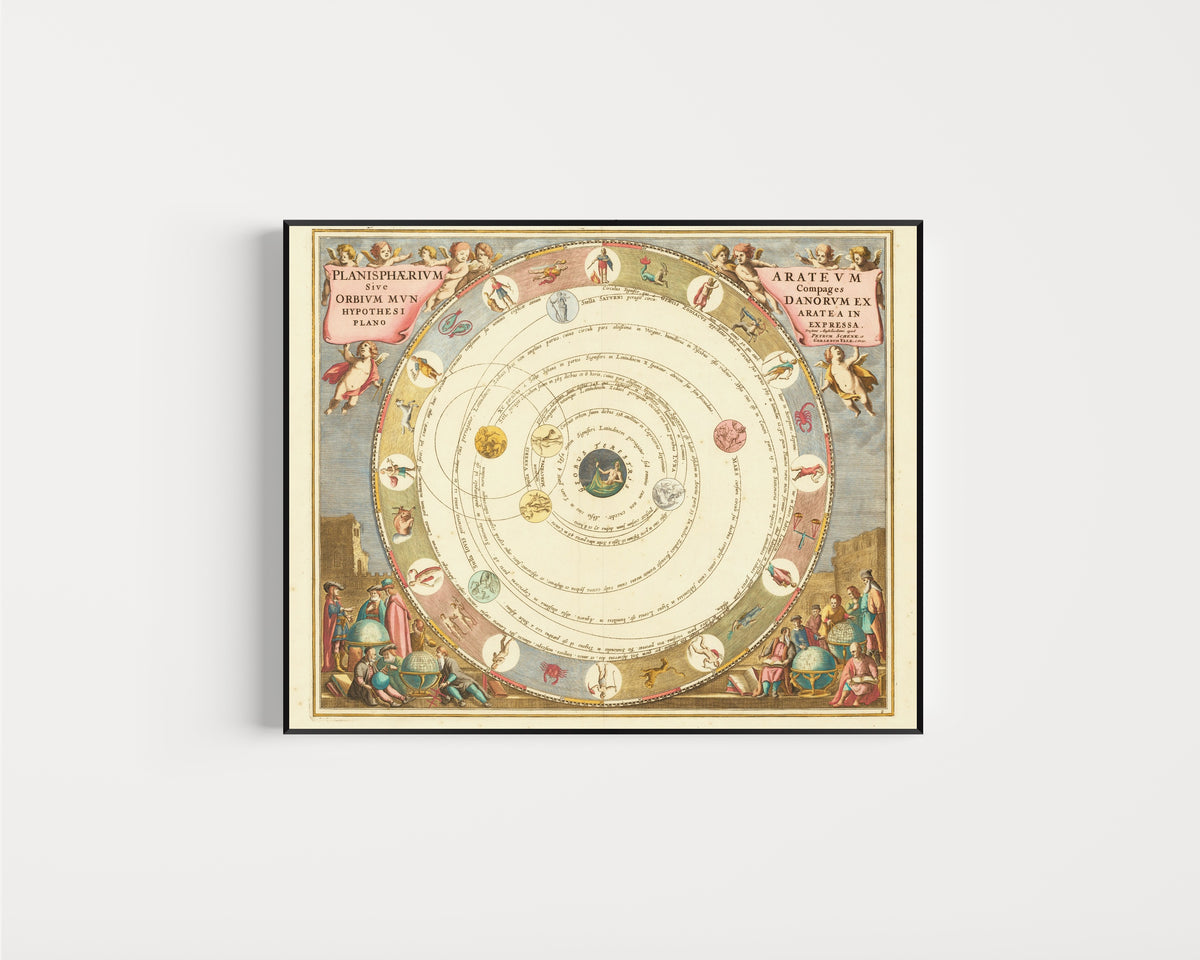 Framed art print of The Planisphere of Aratus (Plate 8, Azure Colouring) by Andreas Cellarius, in a slim black frame on a plain white wall