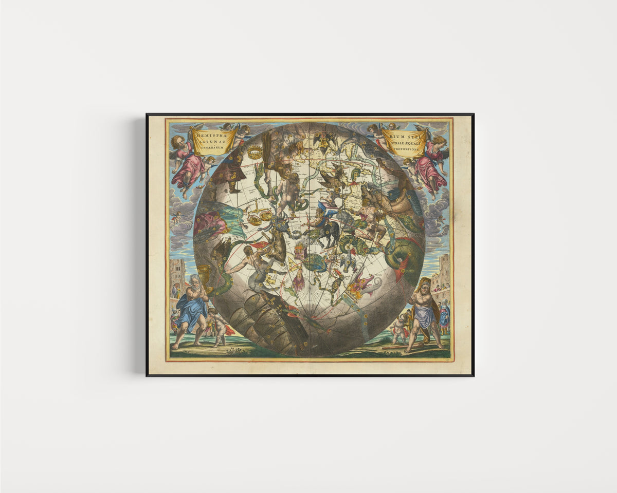 Framed art print of The Southern Starry Hemisphere in Equal Proportion (Plate 29) by Andreas Cellarius, in a slim black frame on a plain white wall