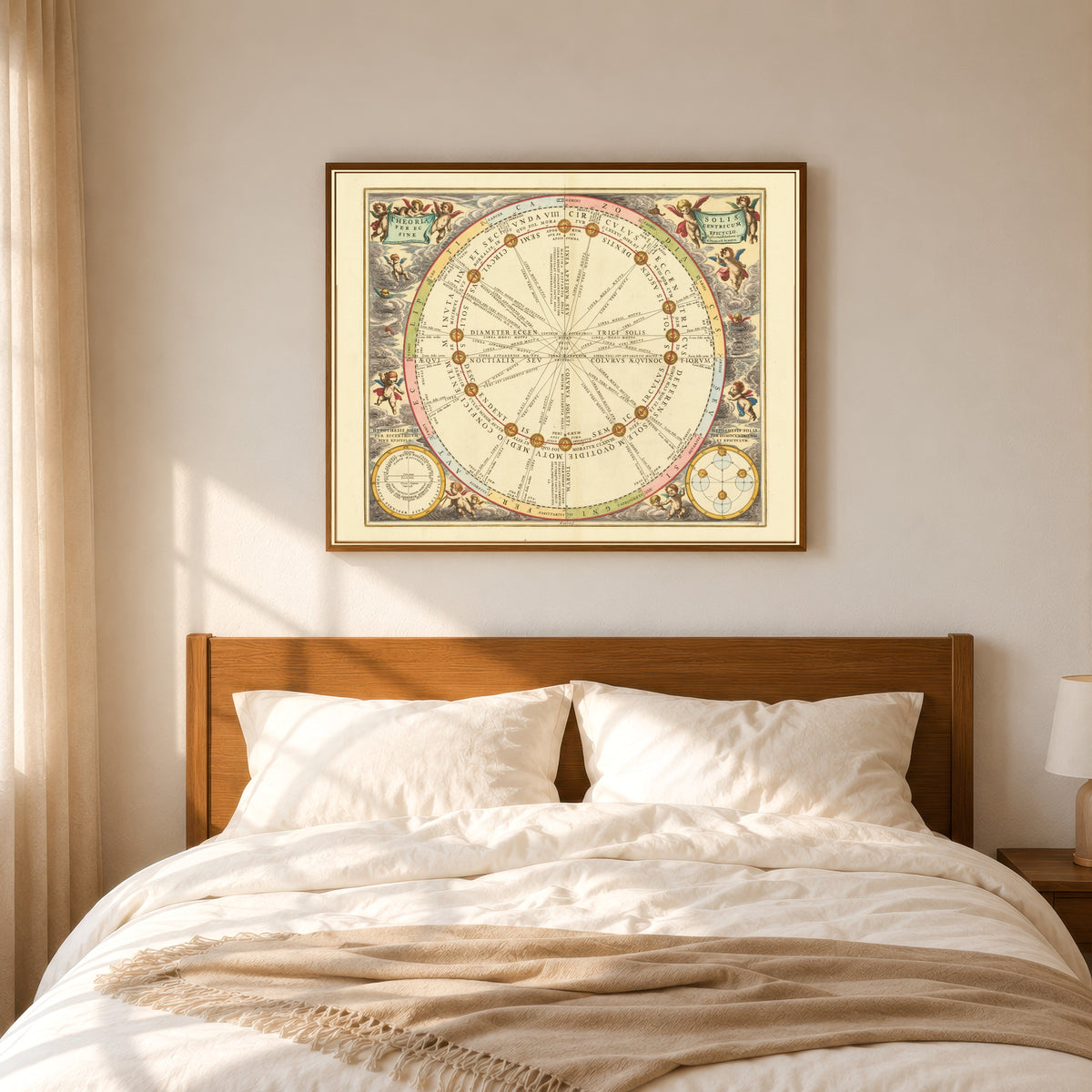 Framed art print of The Theory of the Sun (Plate 16) by Andreas Cellarius, in a slim wood frame above a bed in a sunlit bedroom