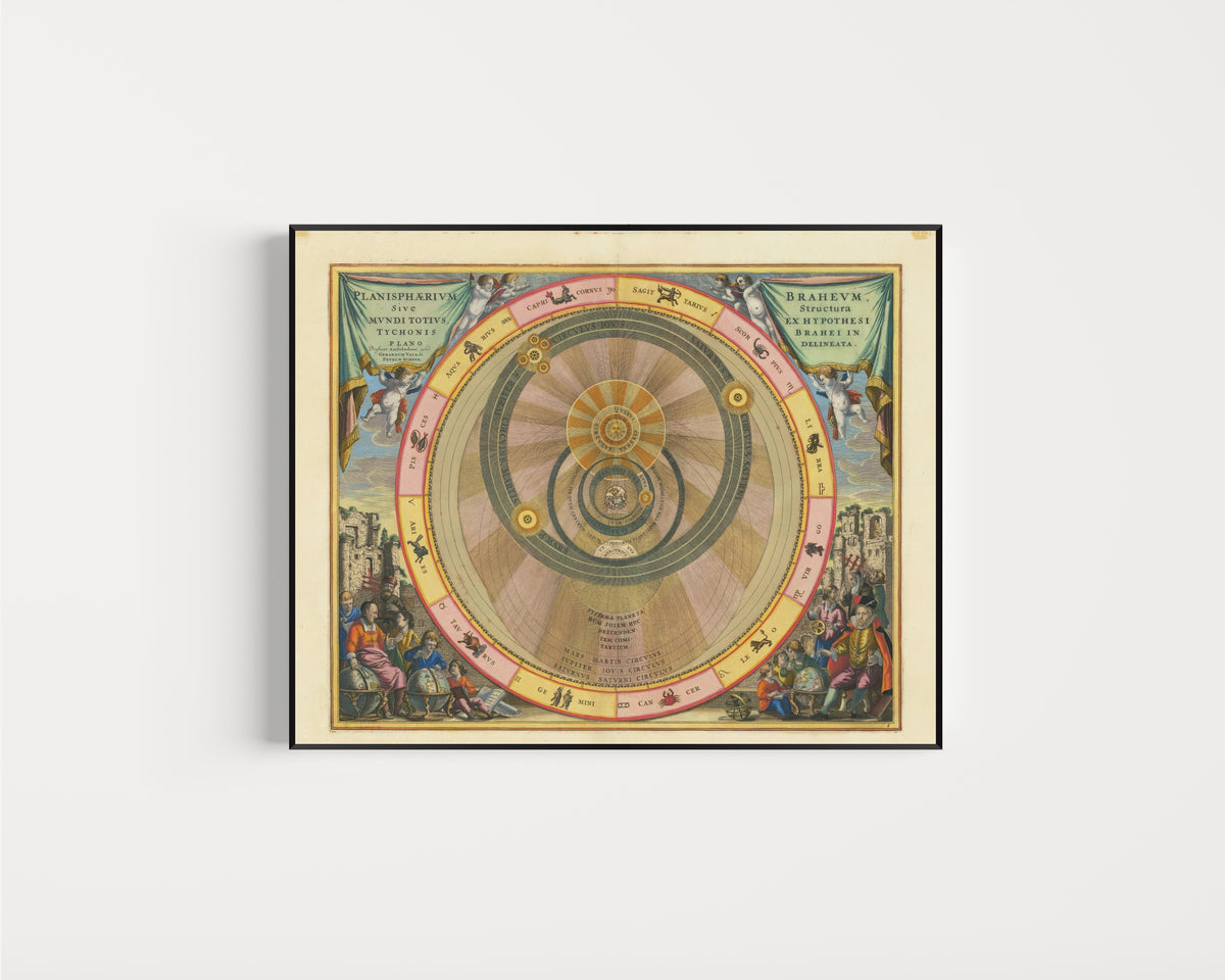 Framed art print of The Tychonic Planisphere (Plate 6, Teal Colouring) by Andreas Cellarius, in a slim black frame on a plain white wall