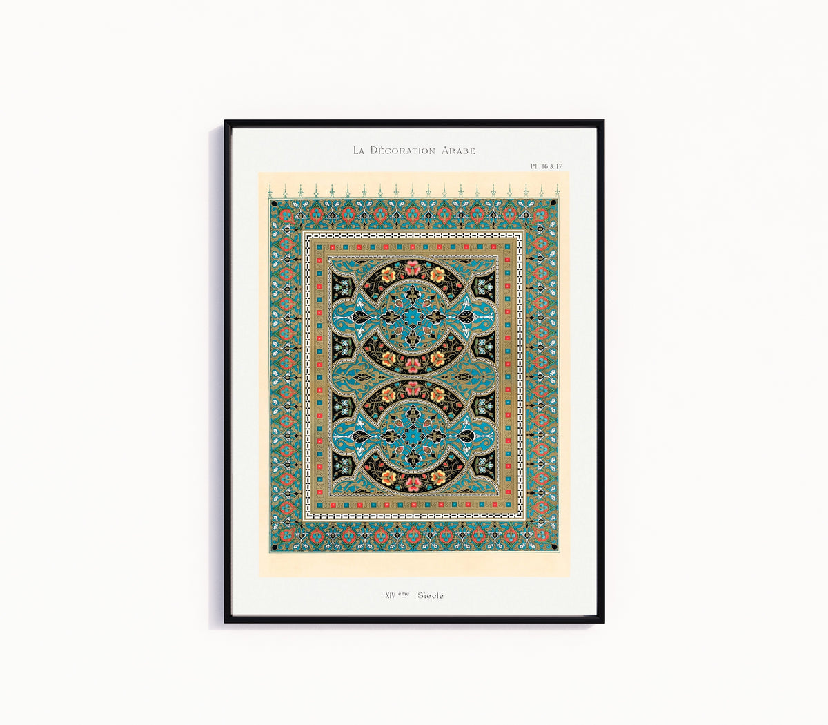 Framed art print of Arabian Pattern by Prisse d'Avennes, in a slim black frame on a plain white wall