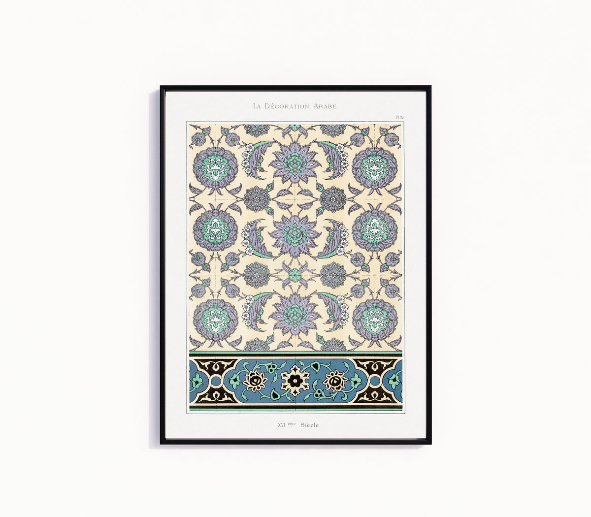 Framed art print of Arabian Pattern 19 by Prisse d'Avennes, in a slim black frame on a plain white wall