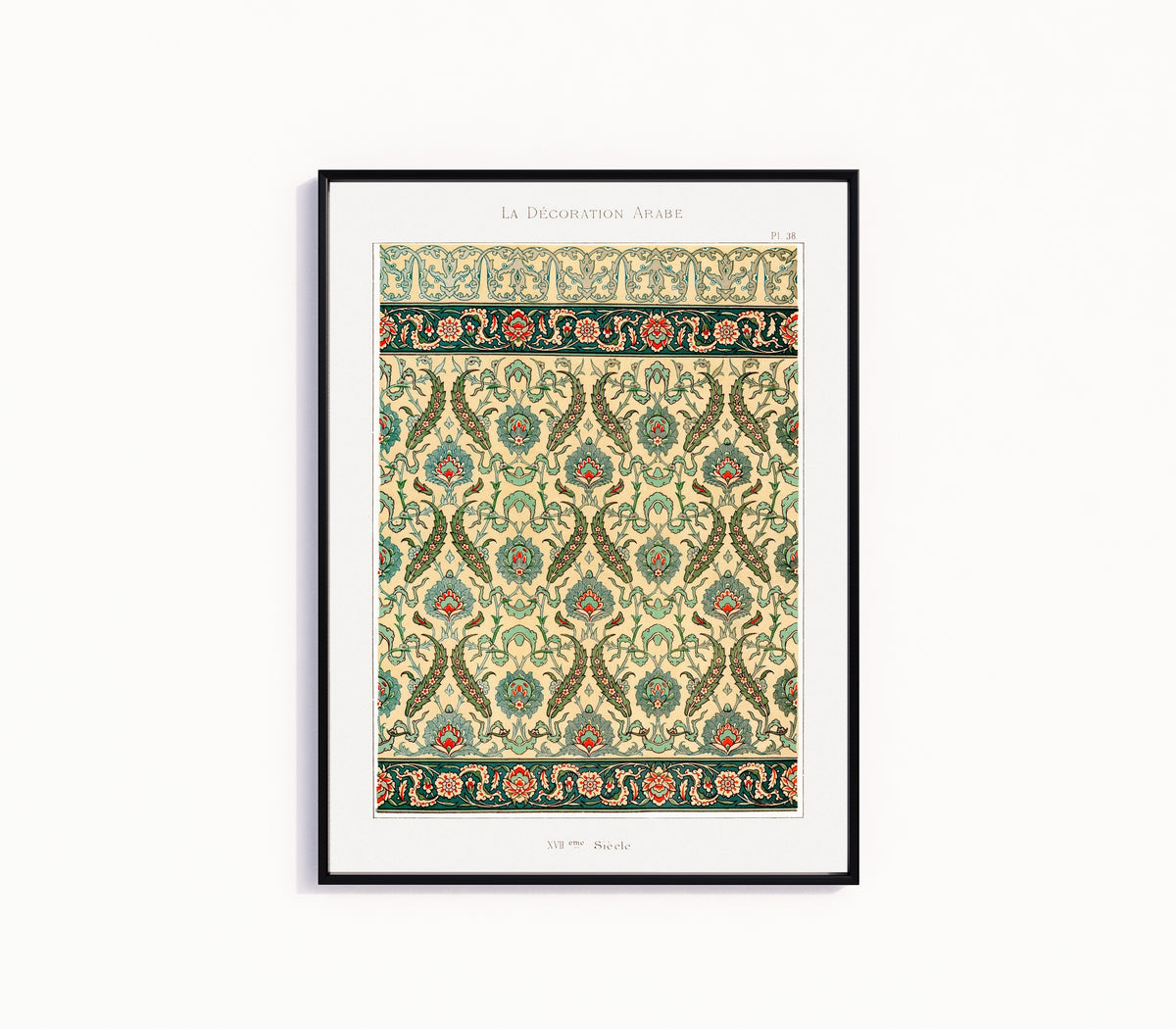 Framed art print of Arabian Pattern 38 by Prisse d'Avennes, in a slim black frame on a plain white wall