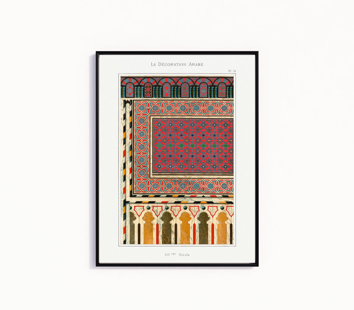 Framed art print of Arabian Pattern 79 by Prisse d'Avennes, in a slim black frame on a plain white wall