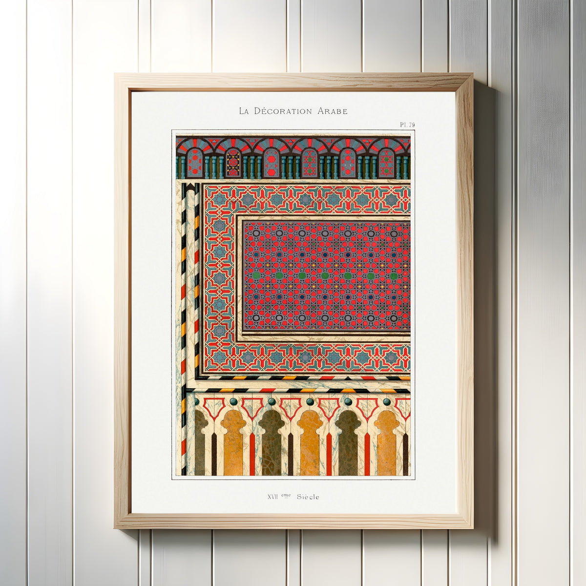 Framed art print of Arabian Pattern 79 by Prisse d'Avennes, in a light wood frame on a white panelled wall