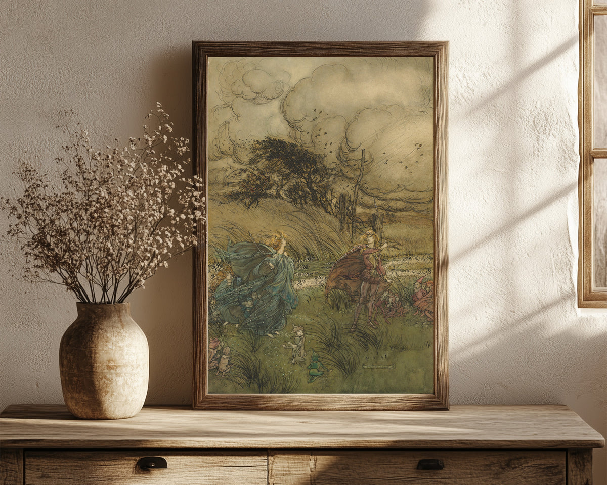 Framed art print of And Now They Never Meet in Grove or Green by Arthur Rackham, in a dark wood frame leaning on a rustic console beside dried flowers