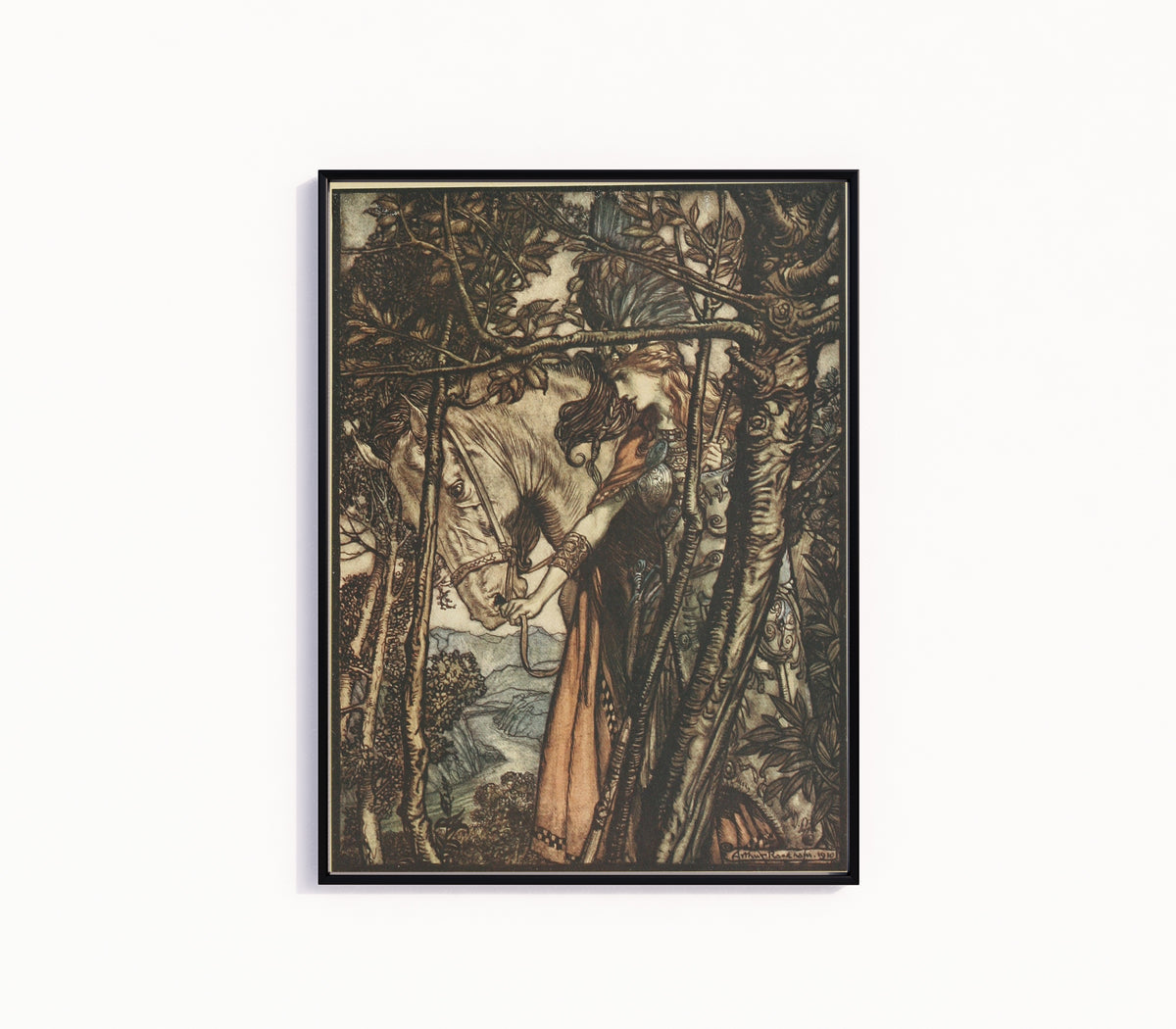 Framed art print of Brünnhilde Slowly and Silently Leads Her Horse Down the Path to the Cave by Arthur Rackham, in a slim black frame on a plain white wall
