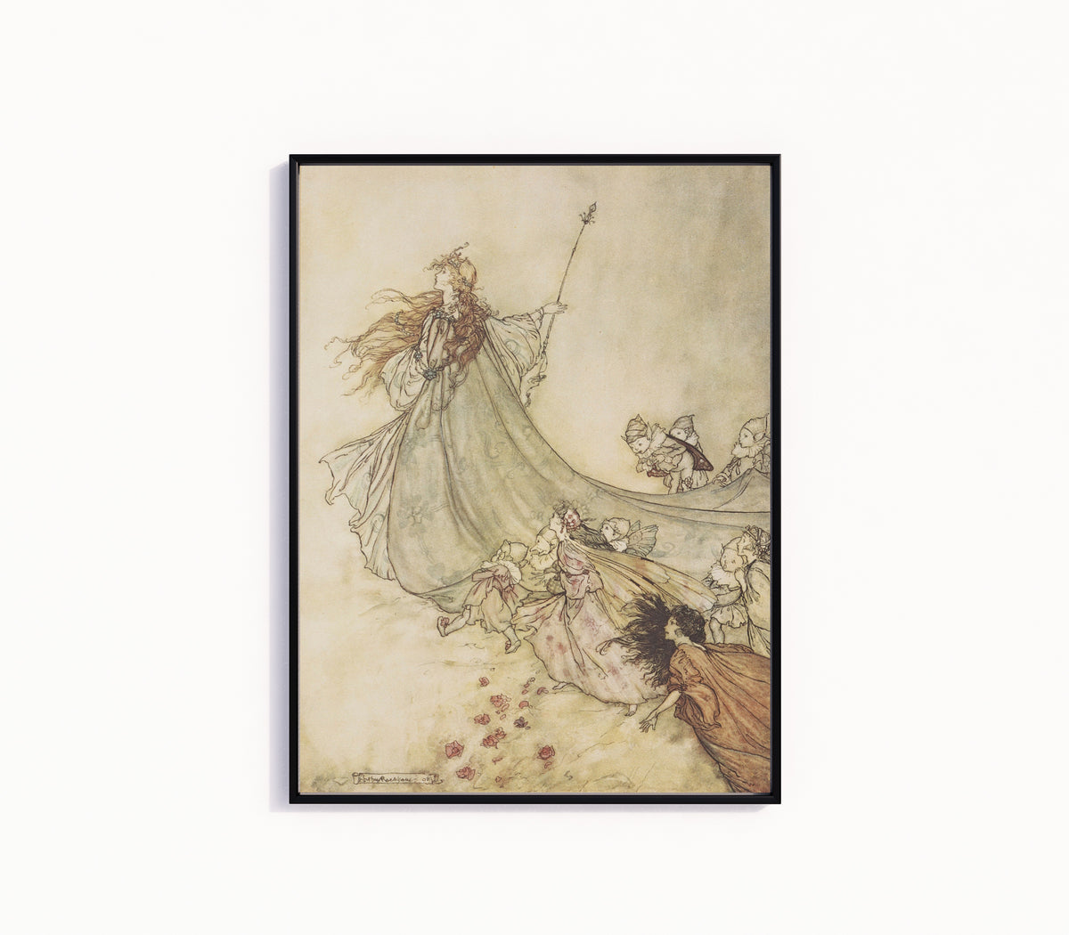 Framed art print of Fairies, Away! We Shall Chide Downright If I Longer Stay by Arthur Rackham, in a slim black frame on a plain white wall