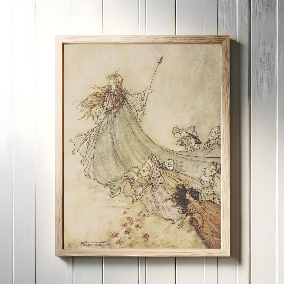 Framed art print of Fairies, Away! We Shall Chide Downright If I Longer Stay by Arthur Rackham, in a light wood frame on a white panelled wall