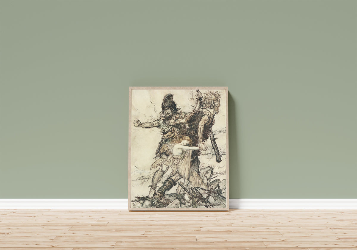 Framed art print of Fasolt Suddenly Seizes Freia by Arthur Rackham, in a light wood frame leaning on a sage green wall above a wooden floor