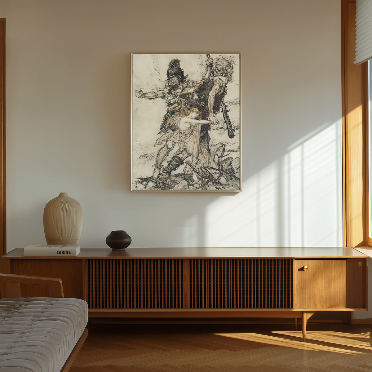 Framed art print of Fasolt Suddenly Seizes Freia by Arthur Rackham, in a thin light frame on a sunlit wall above a wooden sideboard