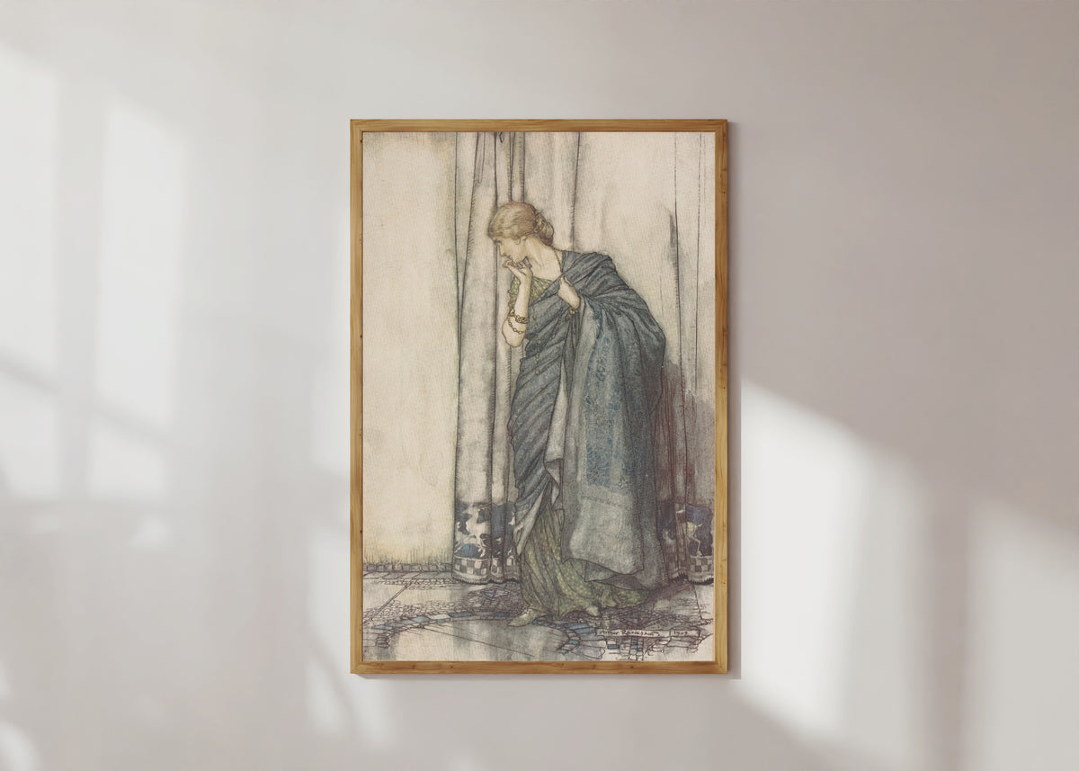 Framed art print of Helena by Arthur Rackham, in a light wood frame on a sunlit white wall