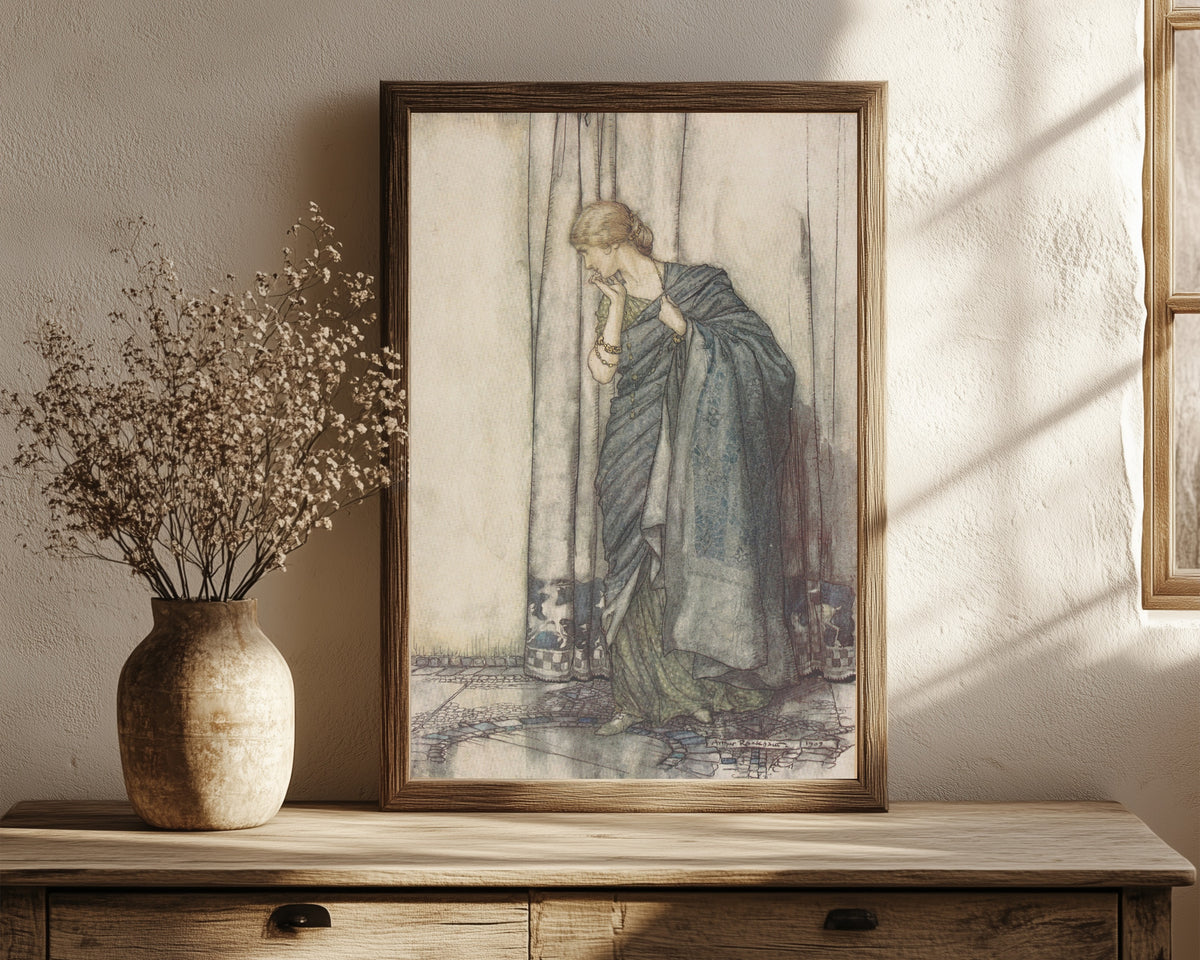 Framed art print of Helena by Arthur Rackham, in a dark wood frame leaning on a rustic console beside dried flowers