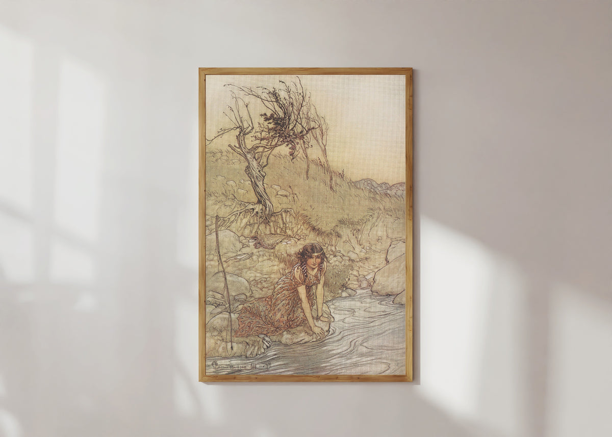 Framed art print of Hermia by Arthur Rackham, in a light wood frame on a sunlit white wall
