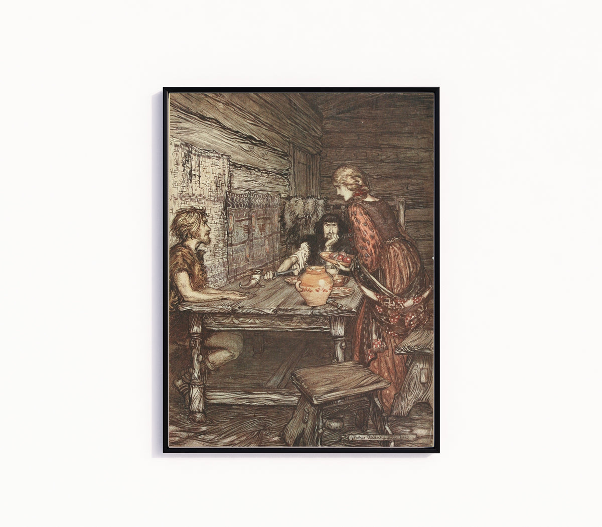 Framed art print of Hunding Discovers the Likeness Between Siegmund and Sieglinde by Arthur Rackham, in a slim black frame on a plain white wall